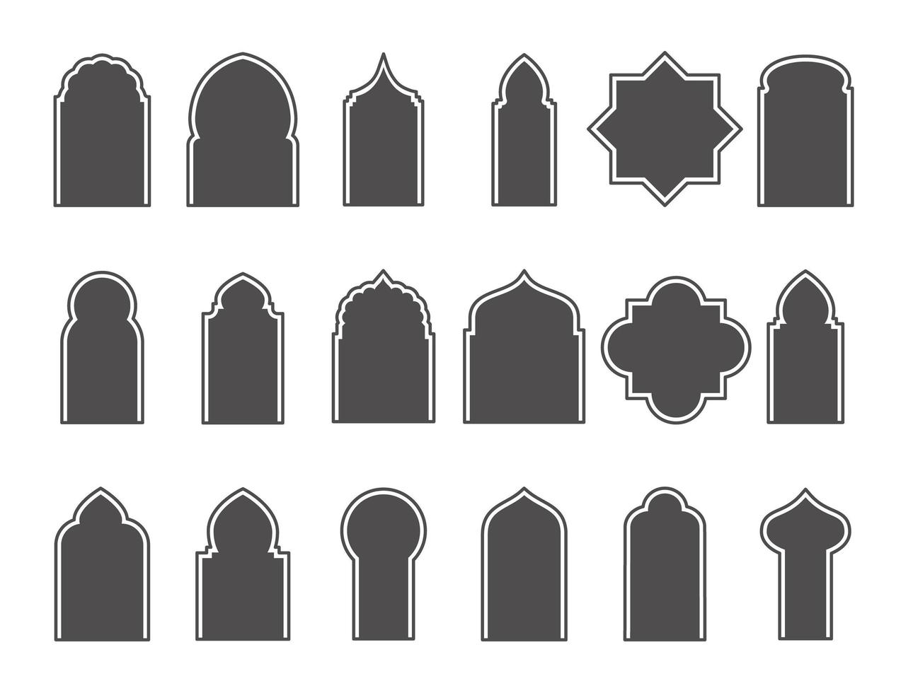 Reihe von arabischen Fenstern und Türen. silhouette islamischer architekturelemente. Vektor eps 10