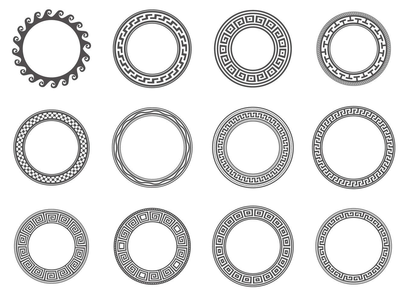 cirkel grekiska ramar. runda slingrande gränser. dekoration element mönster. vektor illustration isolerad på vit bakgrund.