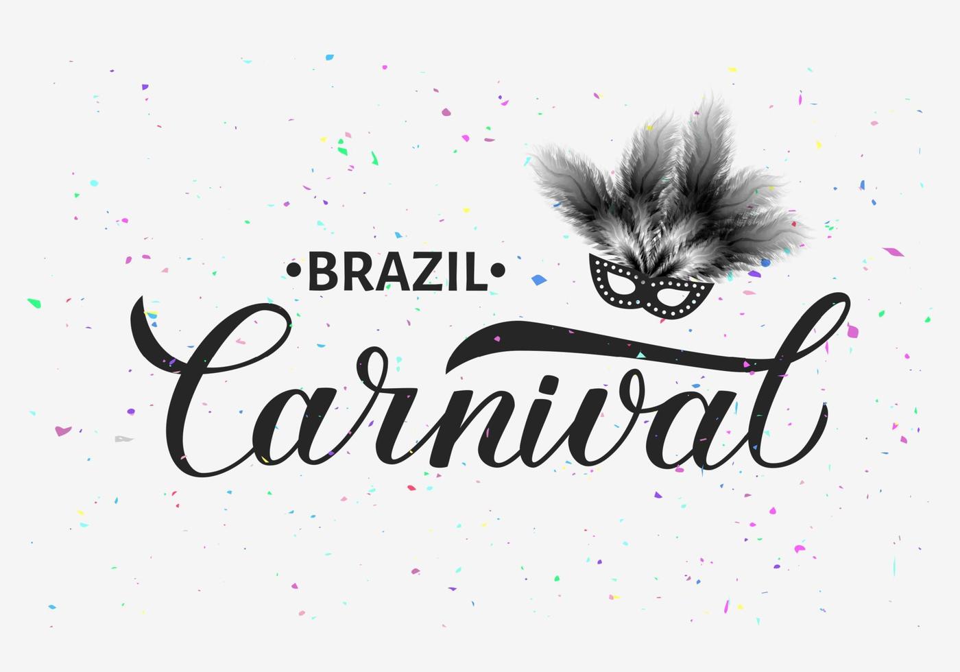 brasilien-karnevalskalligrafie-schriftzug mit maske, federn und mit bunten flecken. Maskerade-Party-Poster oder Einladung. Vektor-Illustration. einfach zu bearbeitende vorlage für den brasilianischen karneval in rio. vektor