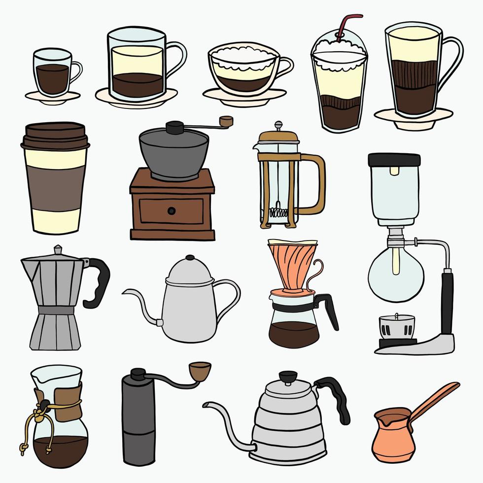 doodle frihandsskissritning av kaffeutrustningsamling. vektor