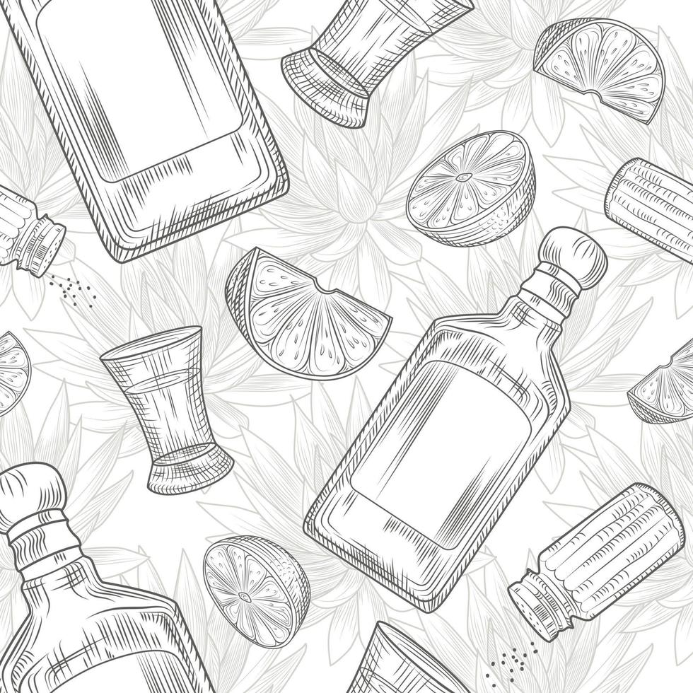 set för tequila sömlösa mönster. snapsglas och flaska tequila, salt, lime och agave. vektor