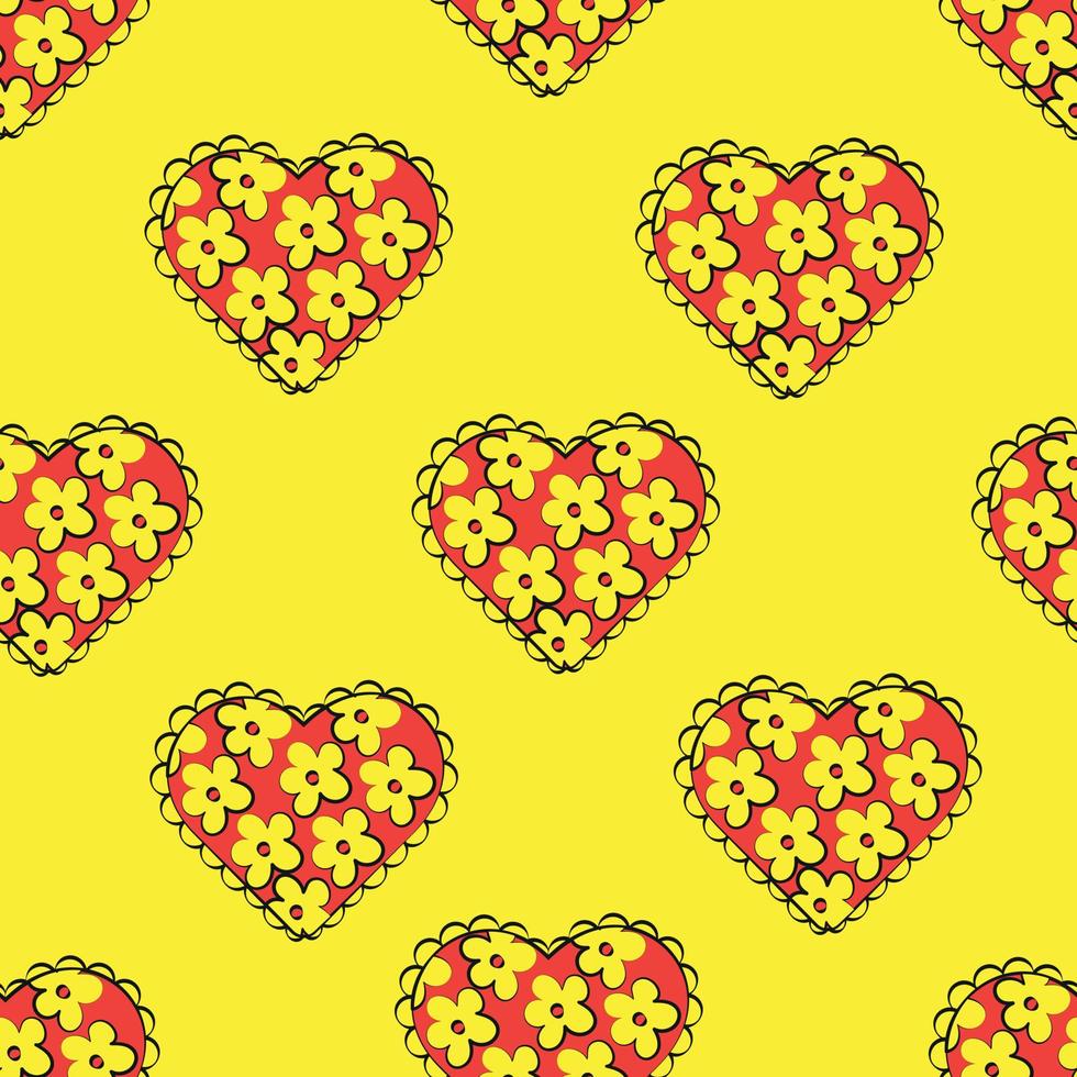 nahtlose Muster Herzen auf gelbem Hintergrund im Groove-Stil Retro-Muster auf Stoff vektor