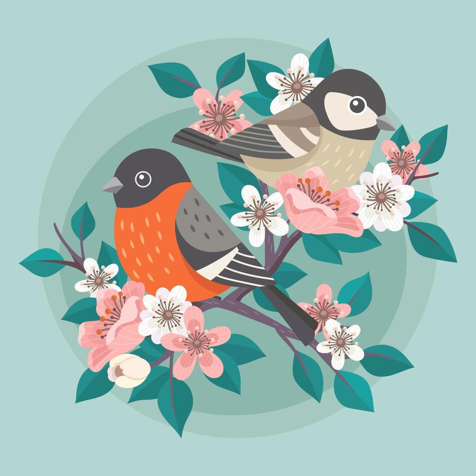 två fåglar på gren med blomma som blommar vektor