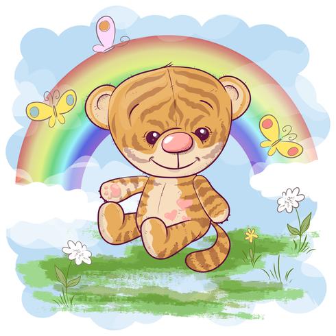 Nettes Tigerjunges der Postkarte auf dem Hintergrund des Regenbogens. Cartoon-Stil vektor