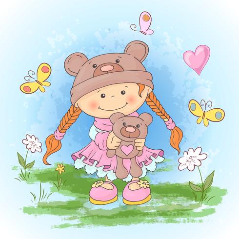 Vykorttryck med en söt tjej i en kostym av björnar med en leksak. Tecknad stil. vektor