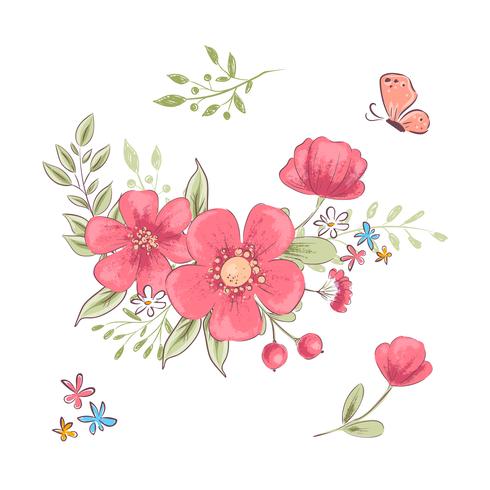 Satz rote Wildblumen und Schmetterlinge. Handzeichnung. Vektor-illustration vektor