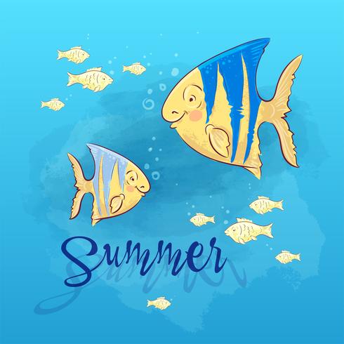 Postkartendruck-Strandsommerfest mit Seefisch. Hand-Zeichenstil. vektor