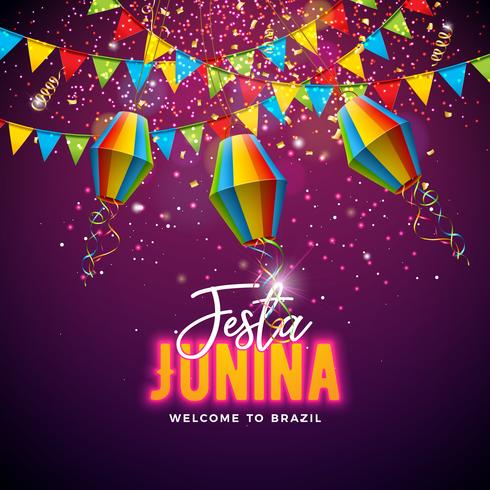 Festa Junina illustration med flaggor och papper lyktor på konfetti bakgrund. Vector Brasilien juni festival design