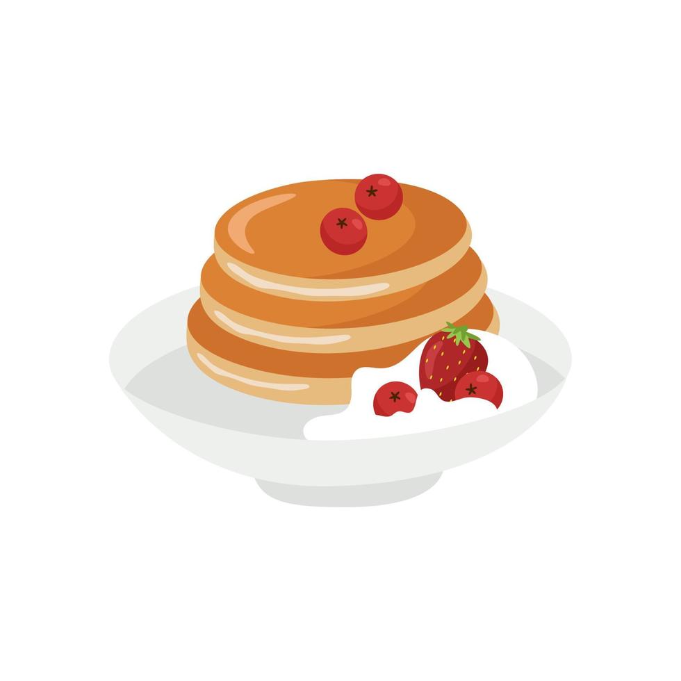 pannkakor på en tallrik nybakade med körsbär, jordgubbar och grädde. vektor illustration av en utsökt frukost i tecknad stil.