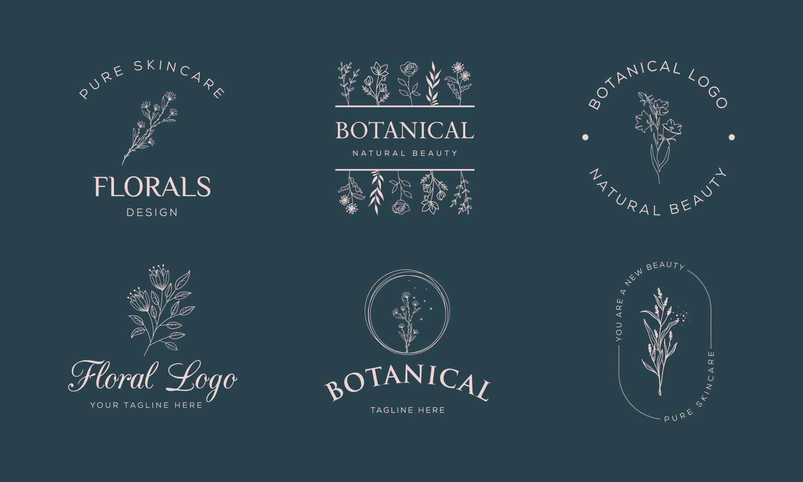 botaniska blommiga element vektor trendiga handritade logotyp med vilda blommor och blad. logotyp för spa och skönhetssalong, boutique, ekologisk butik, bröllop, blomsterdesigner, inredning, fotografi, kosmetika.