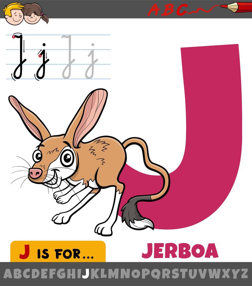 buchstabe j aus dem alphabet mit karikatur-jerboa-tiercharakter vektor
