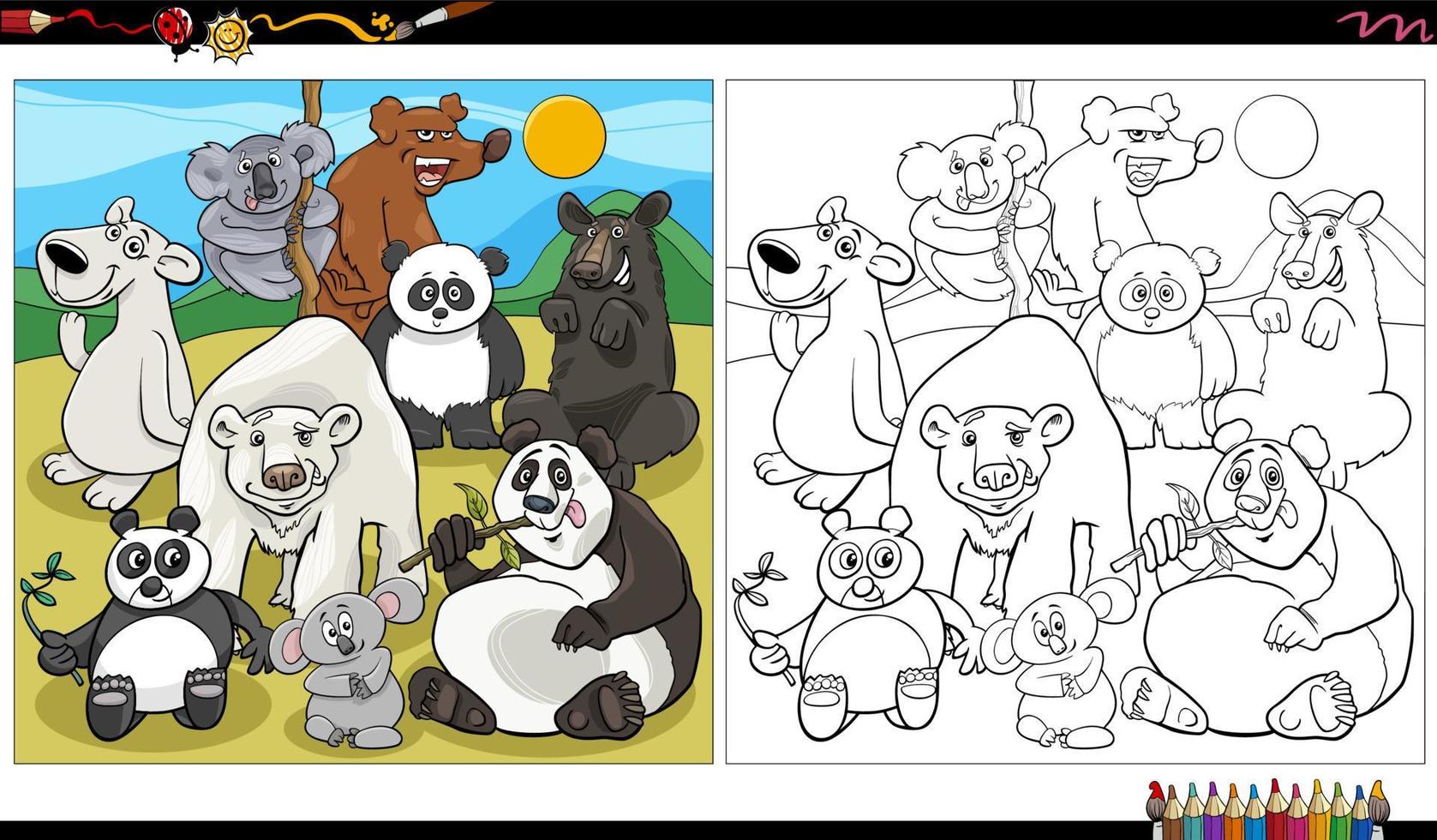 Cartoon Bären Tierfiguren Gruppe Malbuch Seite vektor