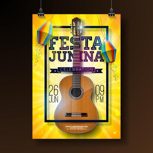 Festa Junina Party Flyer Illustration med typografi design och akustisk gitarr. Flaggor och papper lyktare vektor