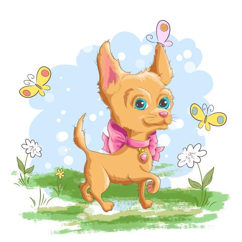Abbildung eines netten kleinen Hundes mit Blumen und Basisrecheneinheiten. Print für Kleidung oder Kinderzimmer vektor