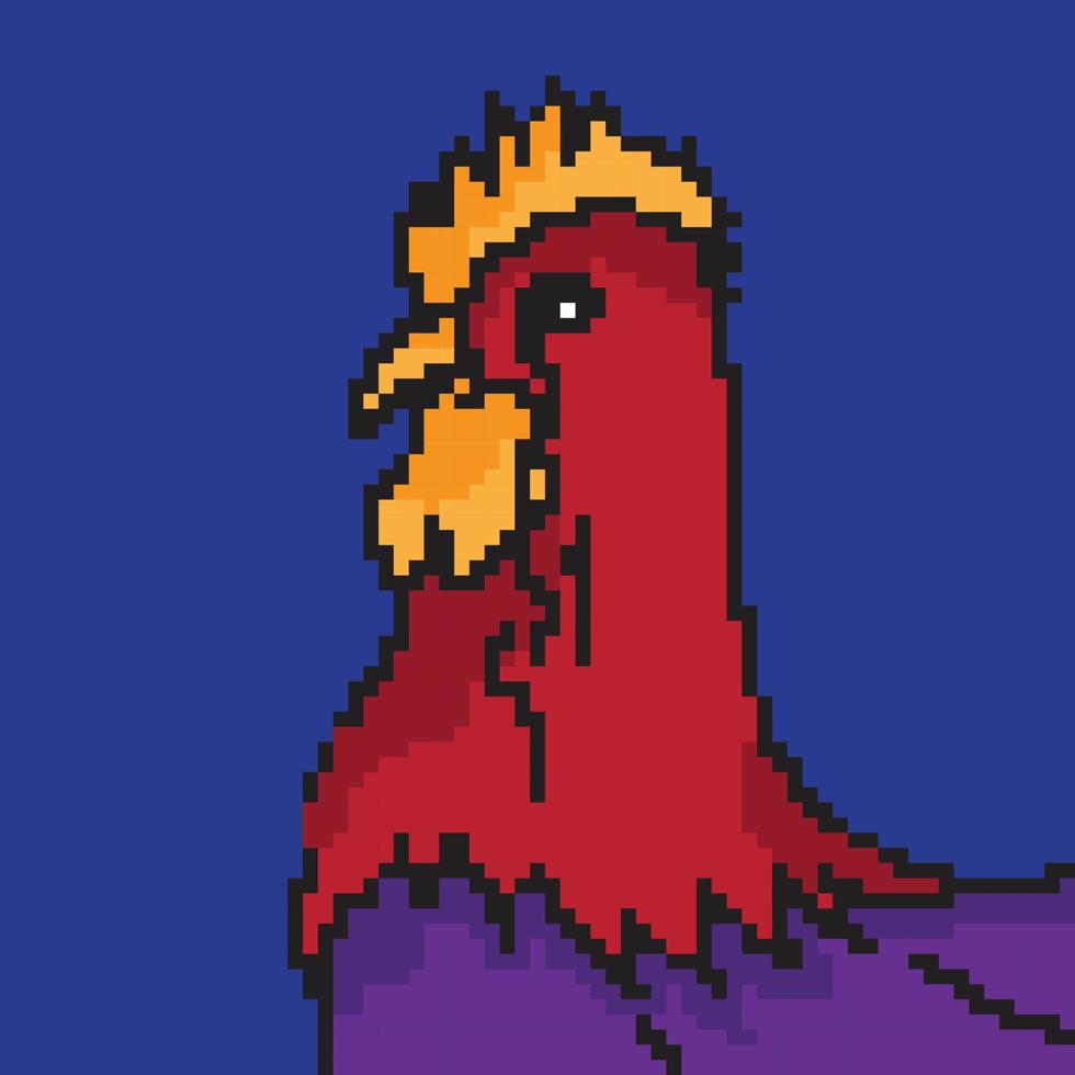 8-Bit-Pixelkunst. Huhn isoliert auf weißem Hintergrund. Bauernhof-Vogel-Symbol. gehendes Hahnsymbol. Hahn-Emblem. Retro-Spiel-Geflügel-Charakter. vektor