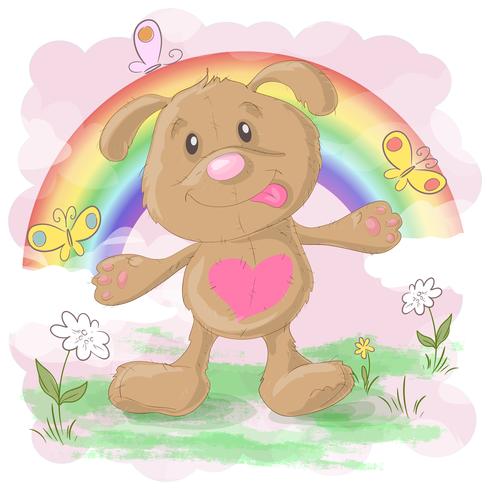 Illustration av en gullig tecknad hund på en regnbåge bakgrund. Skriv ut för kläder eller barnrum vektor