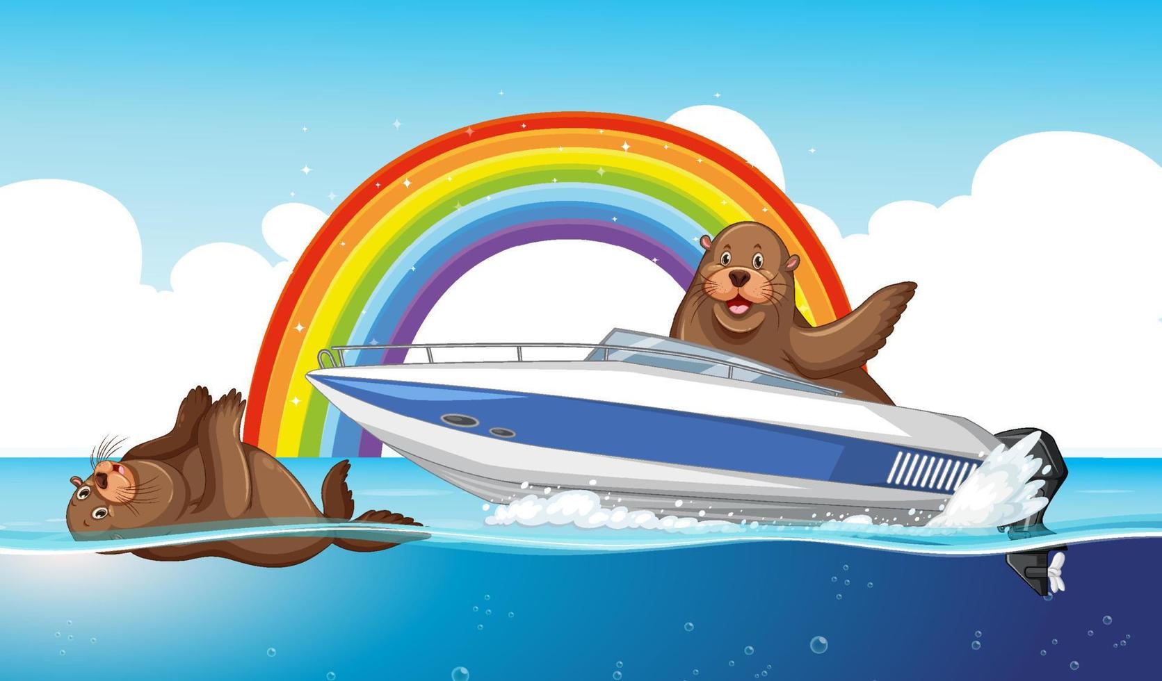 Seelöwentierkarikatur im Wasser mit Regenbogen vektor