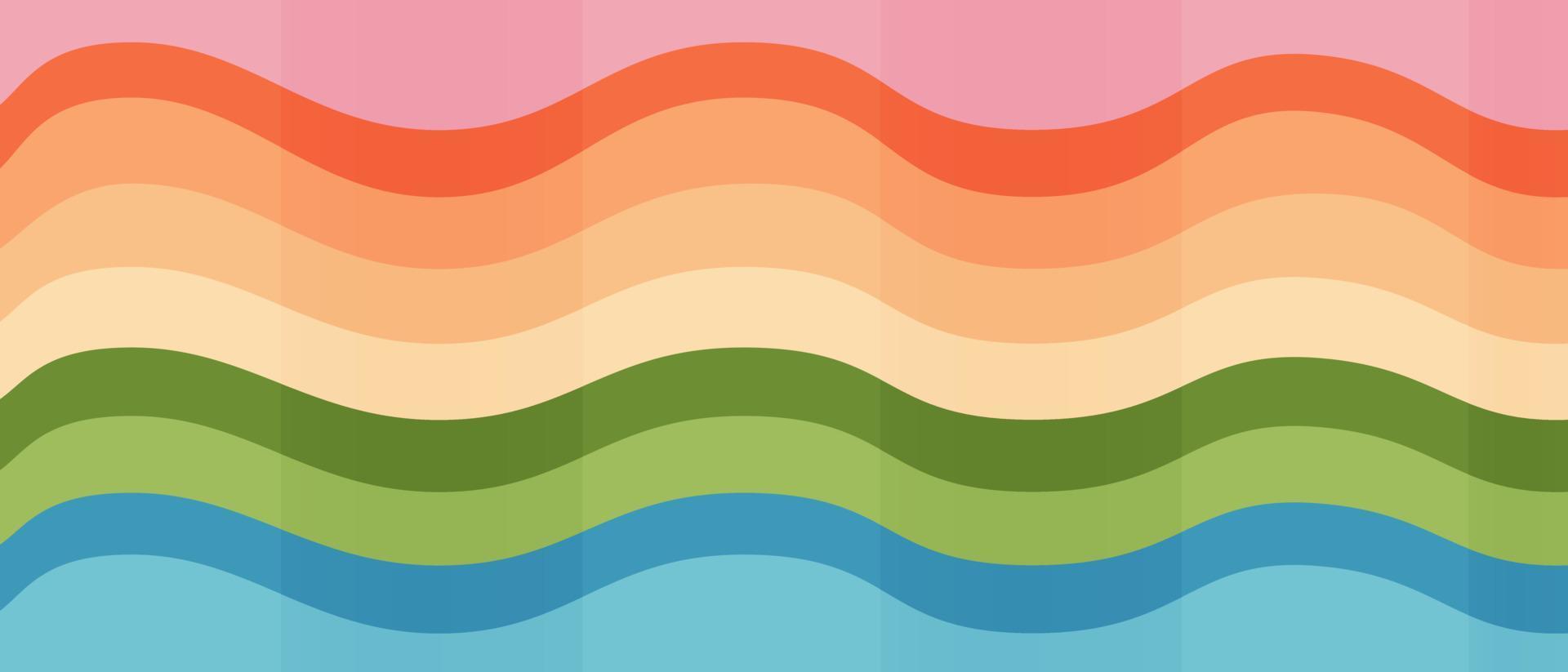 Horizontales Poster mit wellenförmigem Regenbogen im Cartoon-Trend-Stil der 70er Jahre. vektor