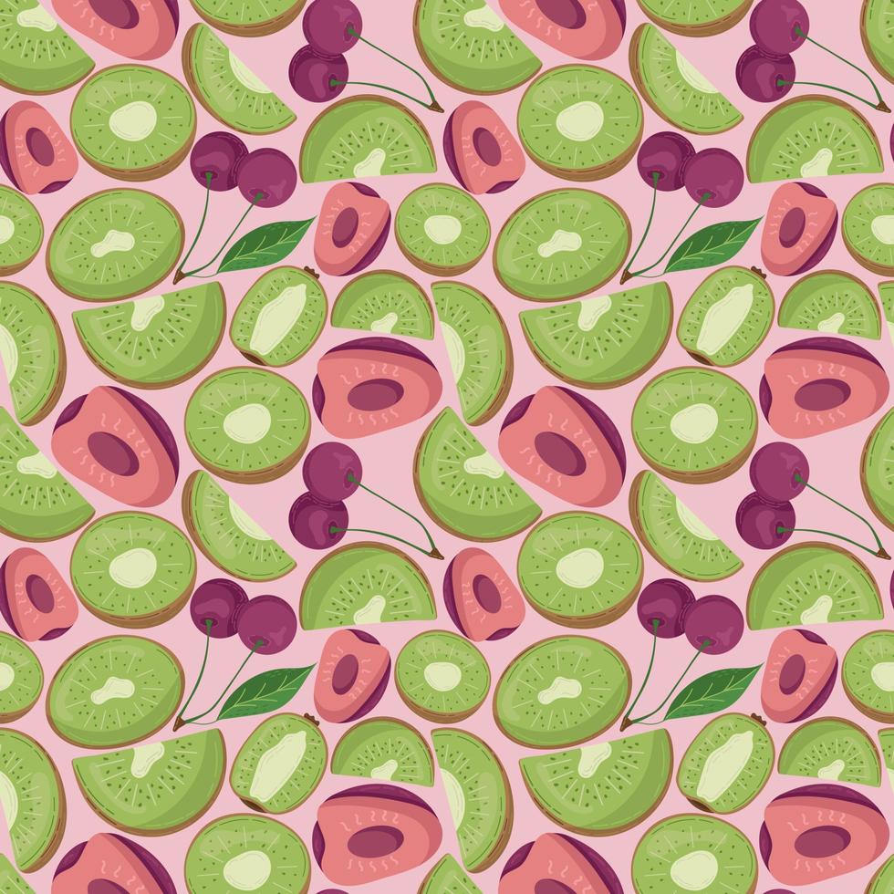 frukt sömlöst mönster för textilprodukter, körsbärs- och kiwibitar, ben och löv i platt stil vektor