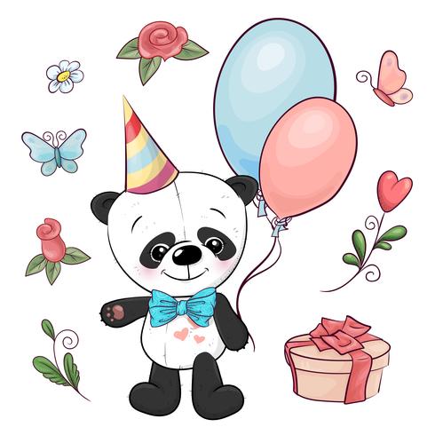 Set med liten panda och blommor. Handritning. Vektor illustration