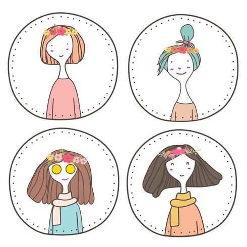 Set av söta tjejer karaktärsdesign, Söt tjej frimärke, Vektor illustration.