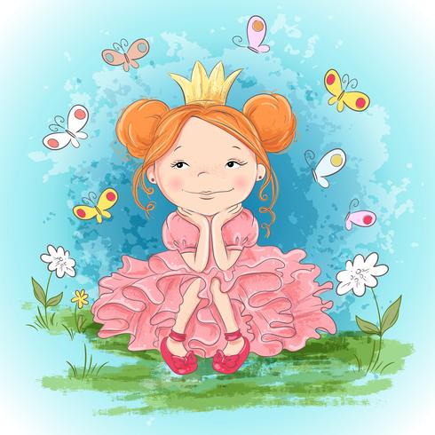 Lilla prinsessa och fjärilar. Handritning vektor illustration