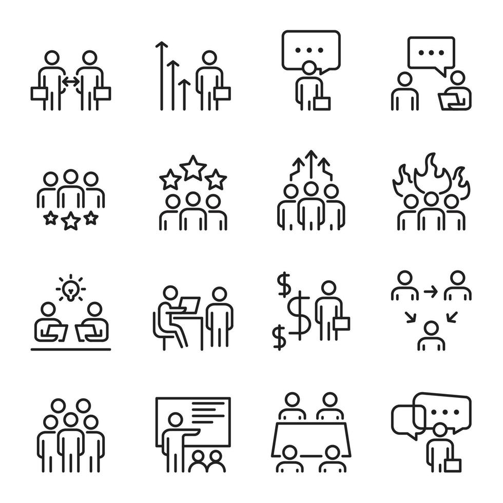 affärsmän ikoner vektor linjeuppsättning, möte, lagstruktur, grupp, kontor, person