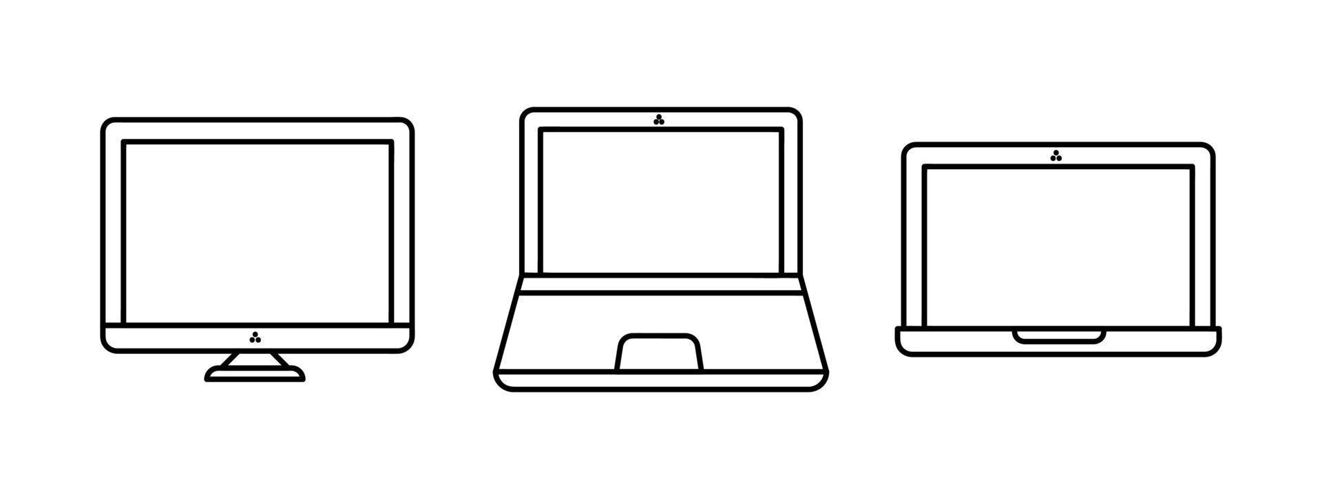 Desktop-Computer und Laptop-Icon-Set. lineares Symbol der modernen einfachen Computersammlung, das als Vorlage bereit ist. Laden Sie einen einfachen linearen Computervektor herunter. weißer Hintergrund. schräge Ansicht vektor