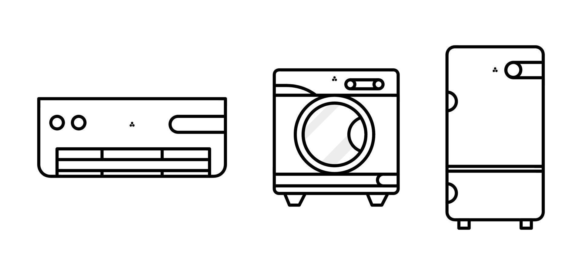 moderner Kühlschrank, Waschtrockner und Klimaanlagen-Icon-Set. sammlung moderner einfacher haushaltsgeräte lineares symbol als vorlage bereit. Laden Sie einen einfachen linearen Vektor für elektronische Heimgeräte herunter.