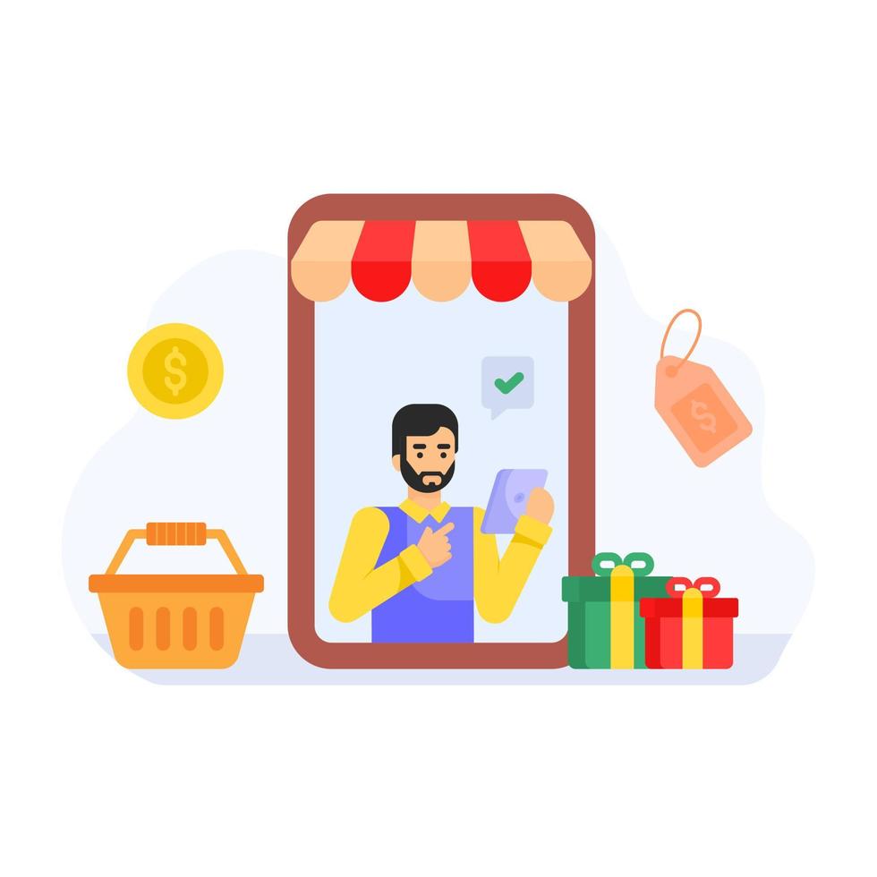 person som köper onlineprodukter, platt illustration av mobil shopping vektor