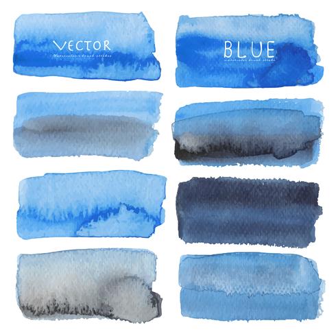 Set med blå akvarell på vit bakgrund, Borstslag akvarell, Vektor illustration.