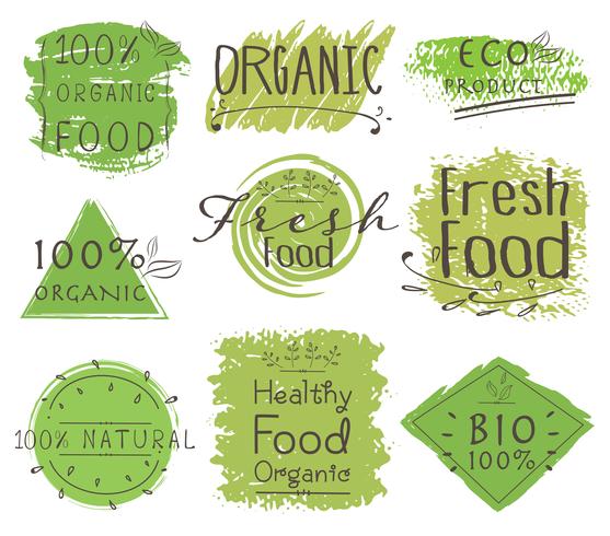 Set med banner ECO-produkt, Naturlig, Vegan, Ekologisk, Frisk, Hälsosam mat. Vektor illustration.