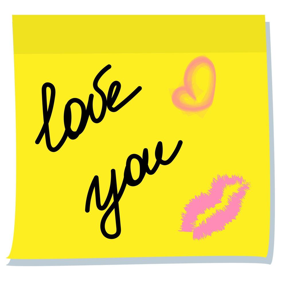 handskrivna bokstäver älskar dig på anteckningsblock med läppar avtryck och ritat hjärta. vektor