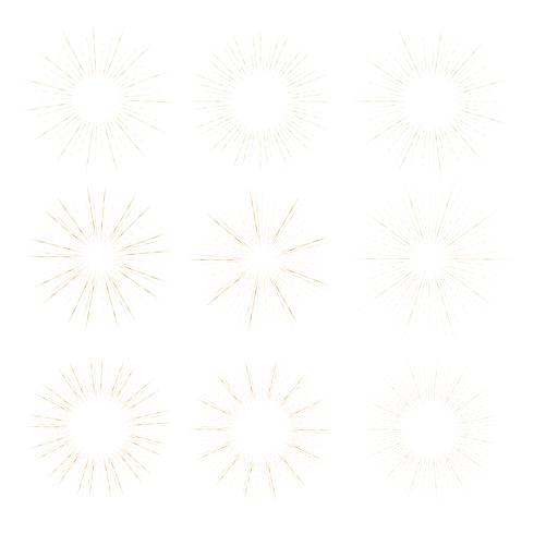 Set av gyllene solstrålstil isolerad på vit bakgrund, Bursting strålar vektor illustration.