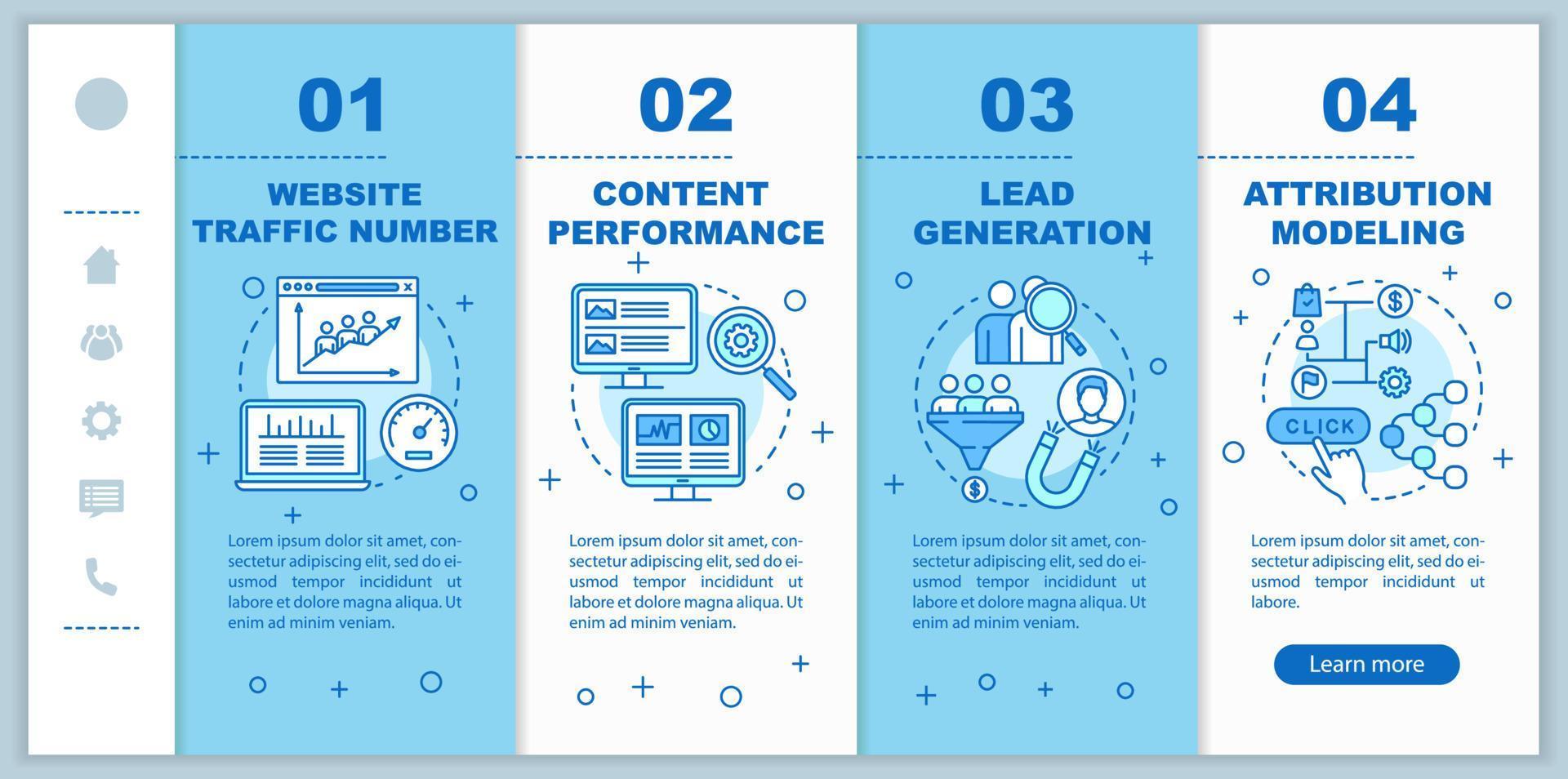 Vorteile des digitalen Marketings beim Onboarding mobiler Webseiten Vektorvorlage. reaktionsschnelle smartphone-website-schnittstellenidee mit linearen illustrationen. Webseiten-Walkthrough-Schrittbildschirme. Farbkonzept vektor