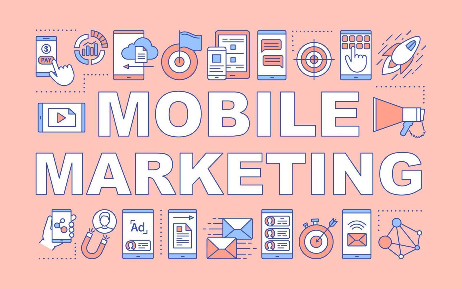 Banner für mobile Marketing-Wortkonzepte. Strategie für digitales Marketing. Zielgruppenwerbung. Präsentation, Webseite. isolierte beschriftungstypografieidee mit linearen symbolen. Vektor-Umriss-Illustration vektor