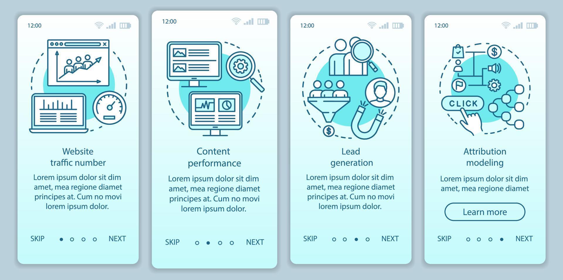 Vorteile des digitalen Marketings türkisfarbener Farbverlauf beim Onboarding der mobilen App-Seitenbildschirm-Vektorvorlage. Walkthrough-Website-Schritte mit linearen Illustrationen. ux, ui, gui smartphone-schnittstellenkonzept vektor