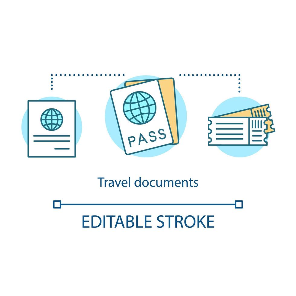 Symbol für das Konzept des Reisedokuments. Internationaler Pass Idee dünne Linie Illustration. Visum, Fahrkarten. Unterstützung bei touristischen Papieren. Flug, Kreuzfahrt. Vektor isoliert Umrisszeichnung. editierbarer Strich