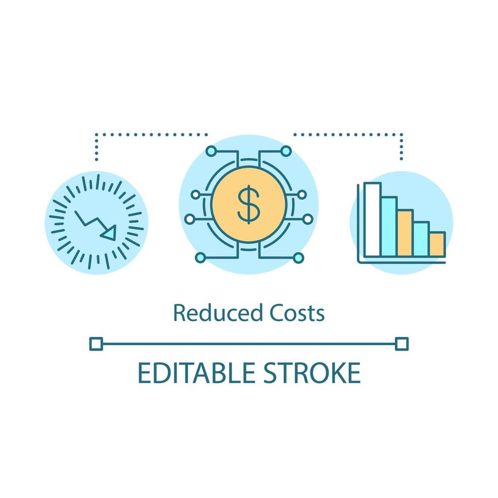 reducerade kostnader teknik koncept ikon. fallande trenddiagram. nedåtpil. strategi för att spara pengar idé tunn linje illustration. vektor isolerade konturritning. redigerbar linje