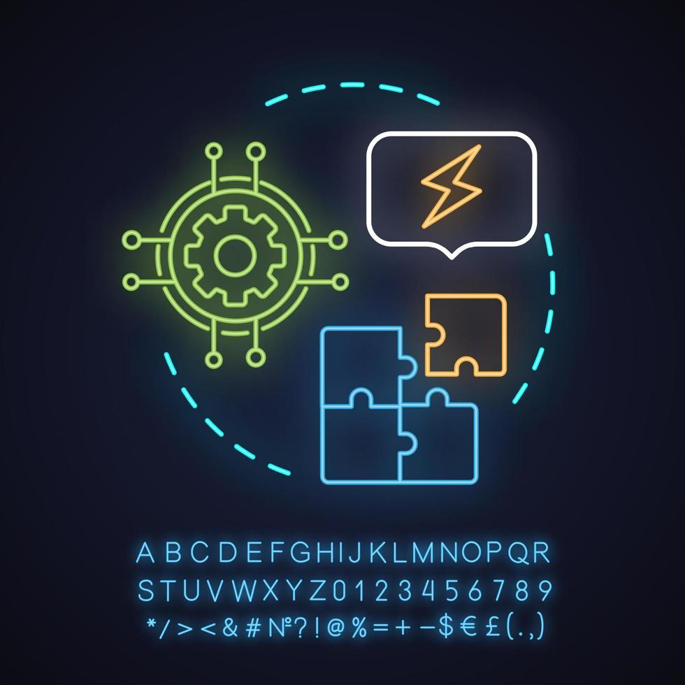 logisches Denken Neonlicht-Konzept-Symbol. Probleme lösen. analytische denken idee. Lösung suchen. leuchtendes zeichen mit alphabet, zahlen und symbolen. vektor isolierte illustration