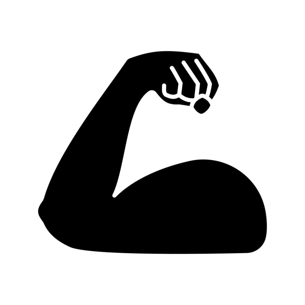 gebeugtes Bizeps-Glyphen-Symbol. Silhouettensymbol. starkes Emoji. Muskel. Bodybuilding, Training. Männerarm, Unterarm. negativer Raum. vektor isolierte illustration