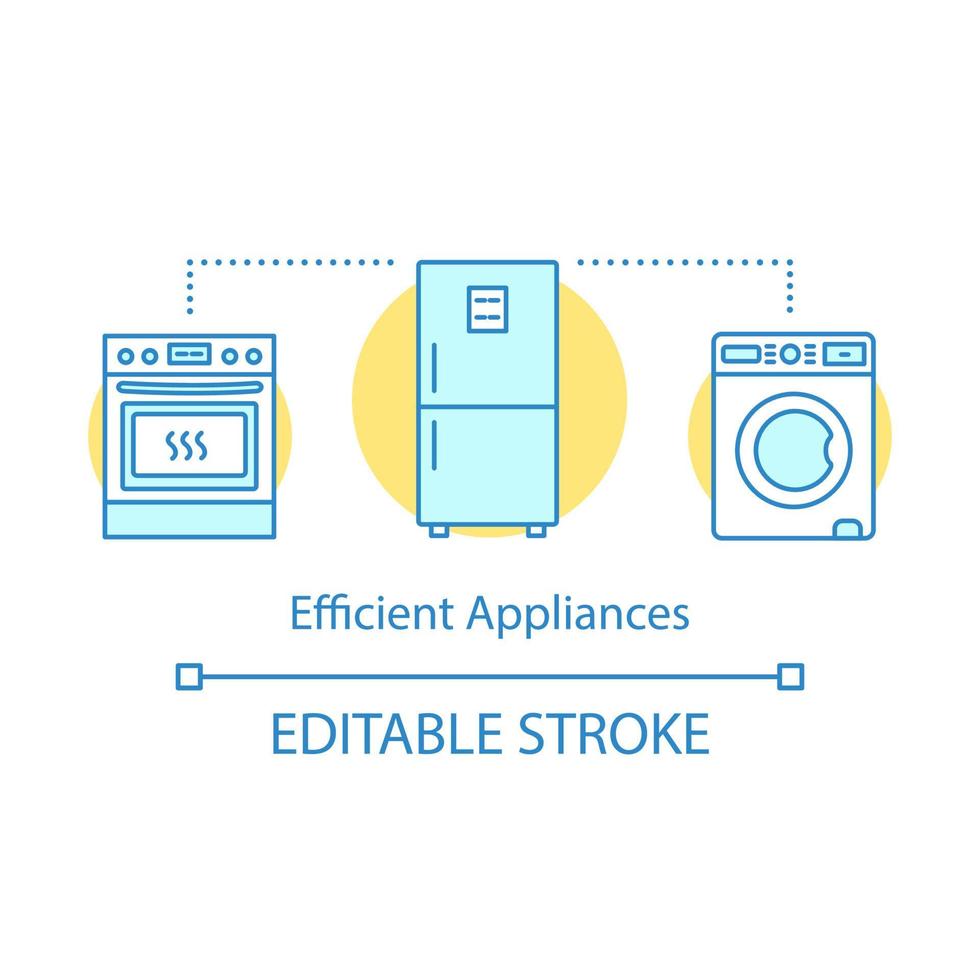 Konzeptsymbol für effiziente Geräte. Haushaltsgeräte. Elektrofachgeschäft. Herd mit Backofen, Kühlschrank, Waschmaschine. Heimgerät Idee dünne Linie Illustration. Vektor isoliert Umrisszeichnung. editierbarer Strich