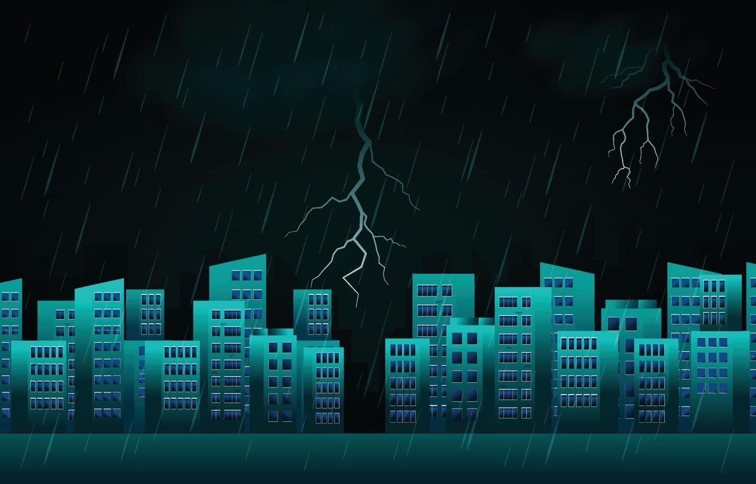 gewitter blitz regnerische nacht stadt gebäude skyline stadtbild illustration vektor