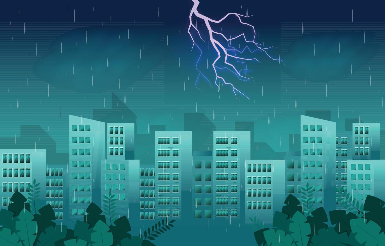 gewitter blitz regenwetter stadt gebäude skyline stadtbild illustration vektor