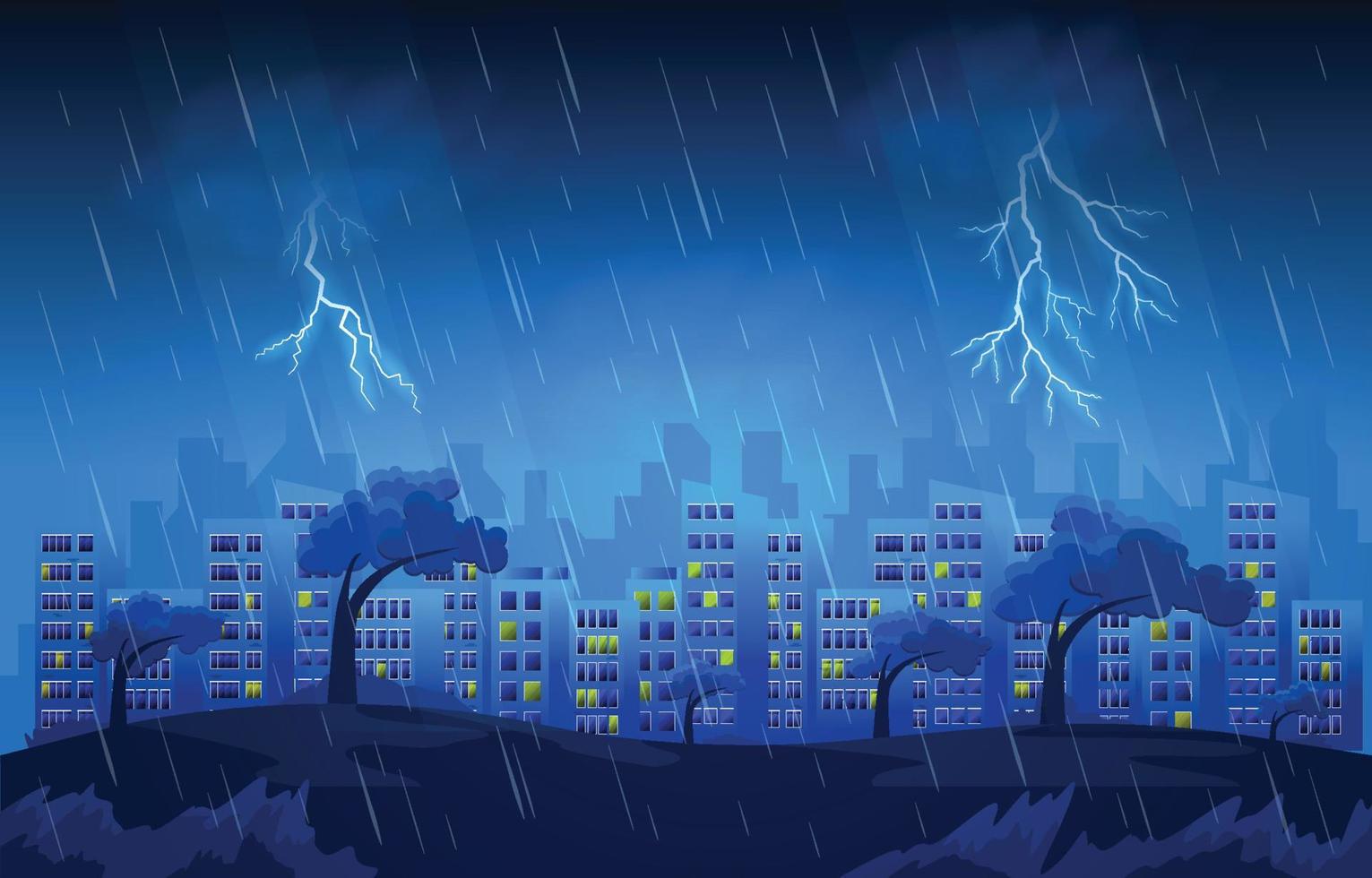 åska storm blixtnedslag kraftigt regn stadsbyggnad skyline stadsbild illustration vektor