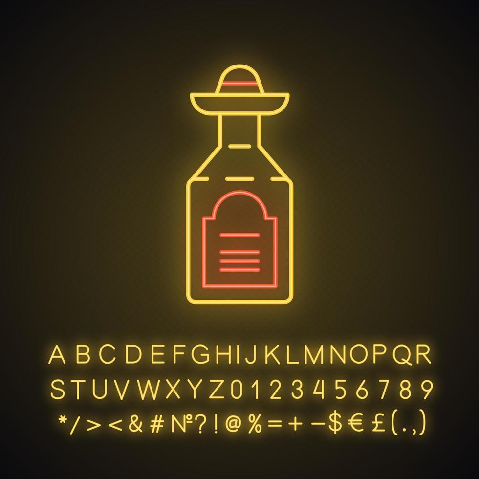 Symbol für Tequila-Neonlicht. mexikanisches starkes alkoholisches getränk. Flasche mit Sombrero-Spund. leuchtendes zeichen mit alphabet, zahlen und symbolen. vektor isolierte illustration