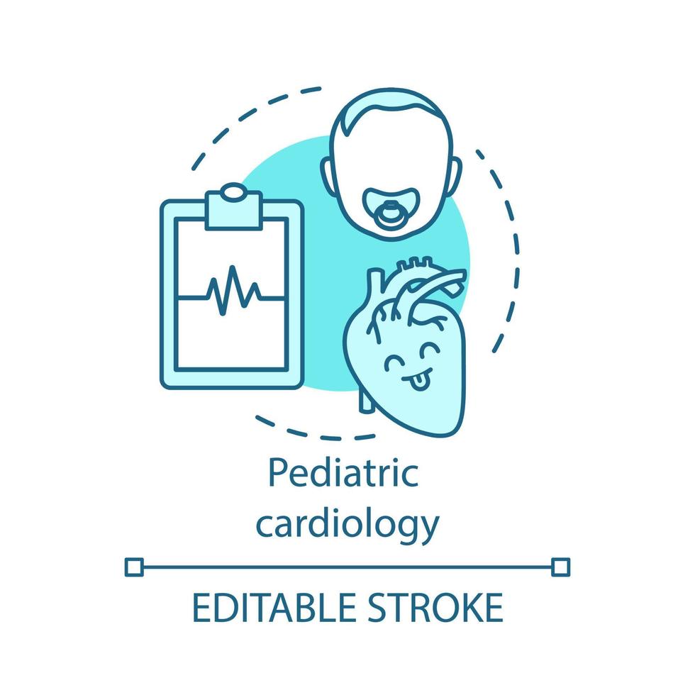 Symbol für das Konzept der Kinderkardiologie. Kinderherzdiagnose. Pulsmessung., Kardiogramm. dünne Linie Illustration der Idee der Babygesundheitspflege. Vektor isoliert Umrisszeichnung. editierbarer Strich