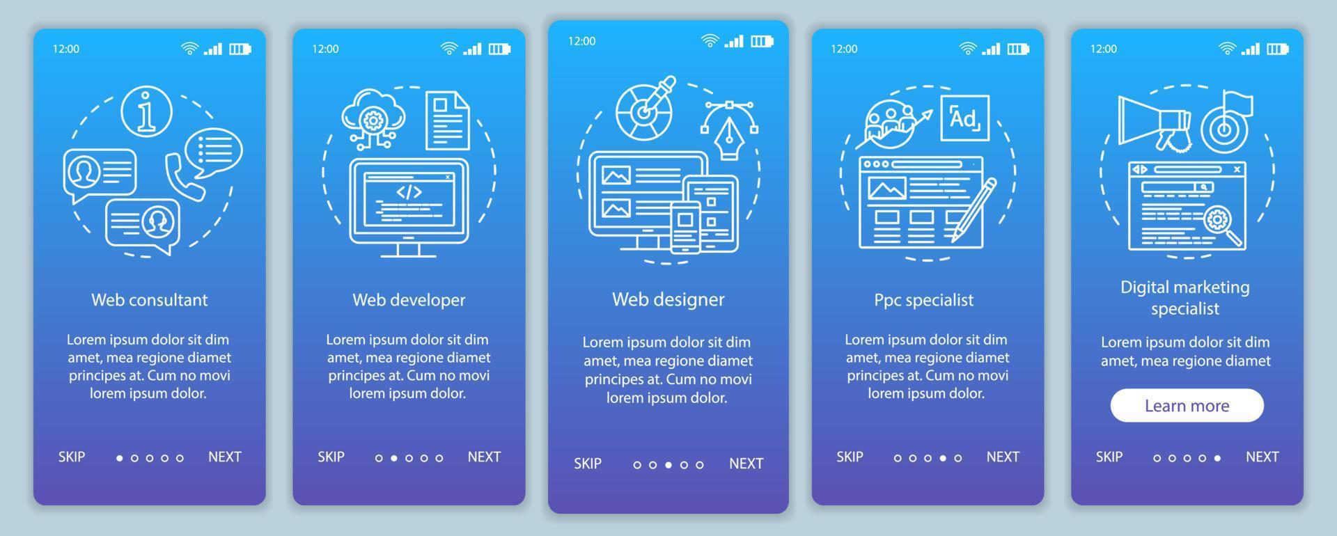 web-consulting-onboarding-mobile-app-seitenbildschirm-vektorvorlage. Webseitenentwicklung. digitales Marketing. Walkthrough-Website-Schritte mit linearen Illustrationen. ux, ui, gui smartphone-schnittstellenkonzept vektor