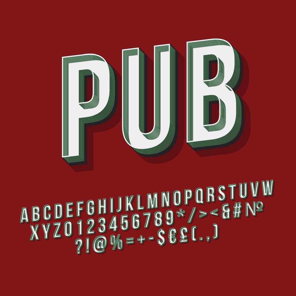 Pub Vintage 3D-Vektor-Schriftzug. Retro Fettschrift. Pop-Art-stilisierter Text. buchstaben, zahlen, symbole im alten schulstil. 90er-Jahre-Poster, Banner, Typografie-Design für Schilder. roter Hintergrund vektor