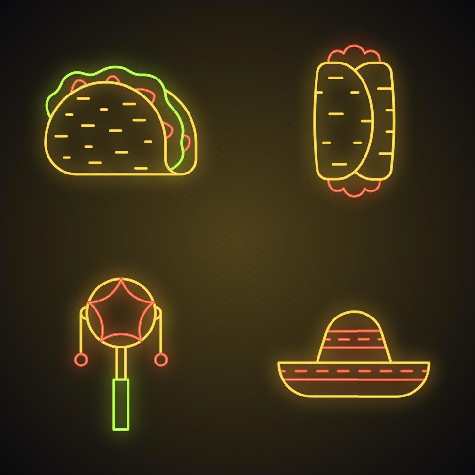 mexikanska neonljus ikoner set. cinco de mayo festival. taco, burrito, mexikansk pelletstrumma, sombrero. glödande tecken. vektor isolerade illustrationer